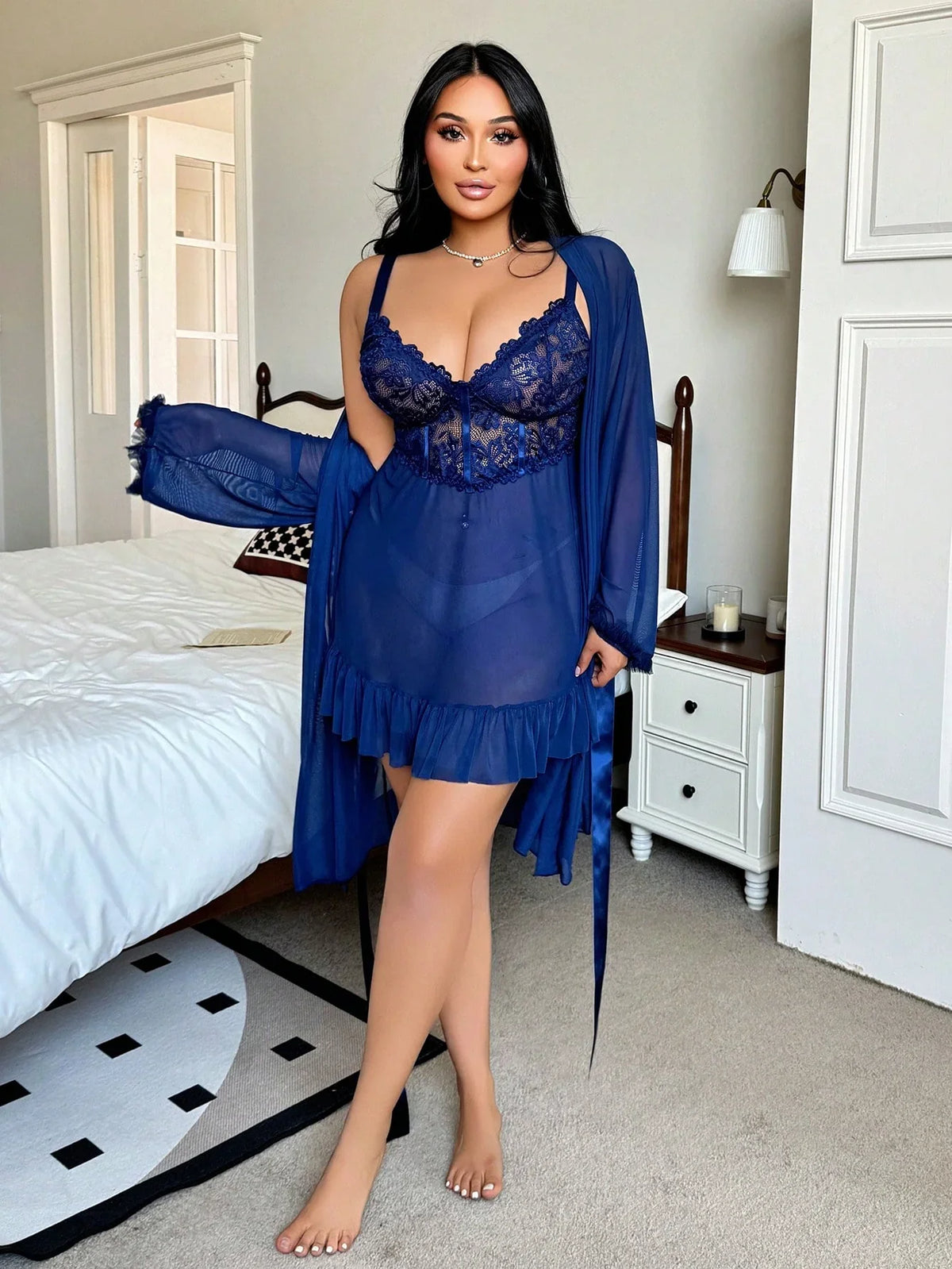 Set de 3 piezas de lencería sexy para mujer de talla curvy, con bata de encaje incluida