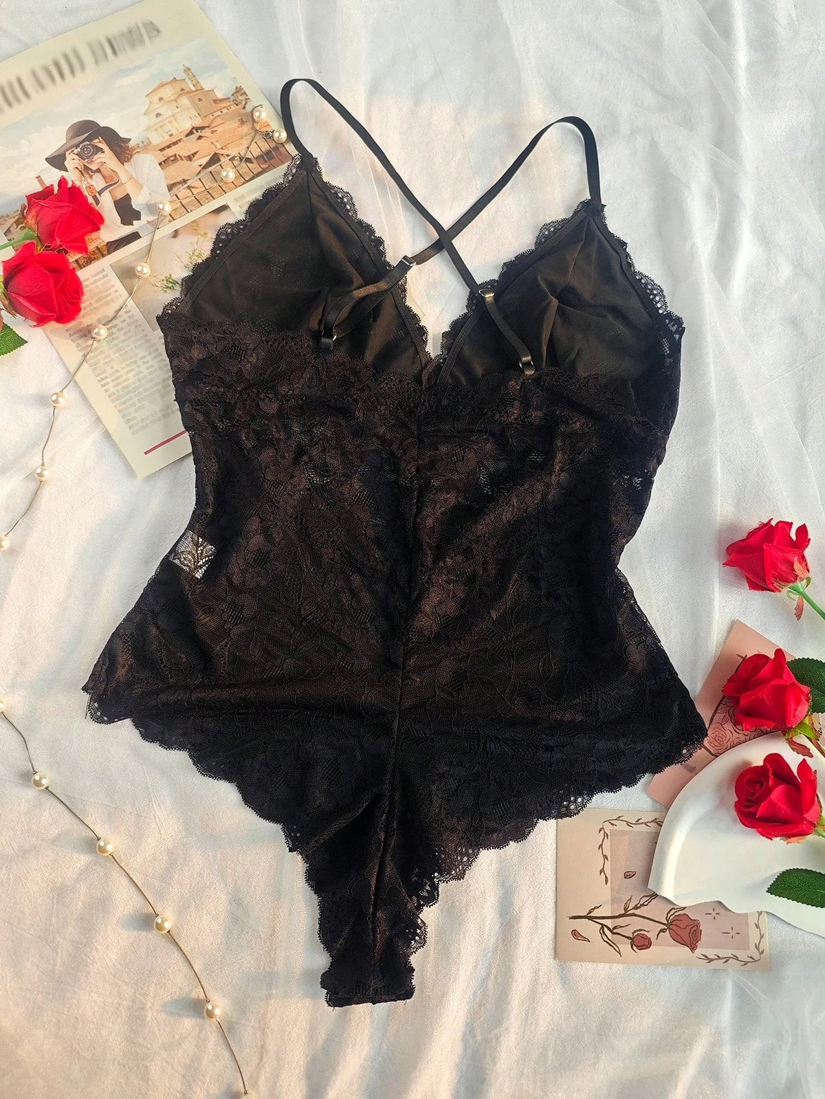 Mono sexy sin varillas, con escote en V profundo y corte sensual, de encaje, para mujer de tallas grandes