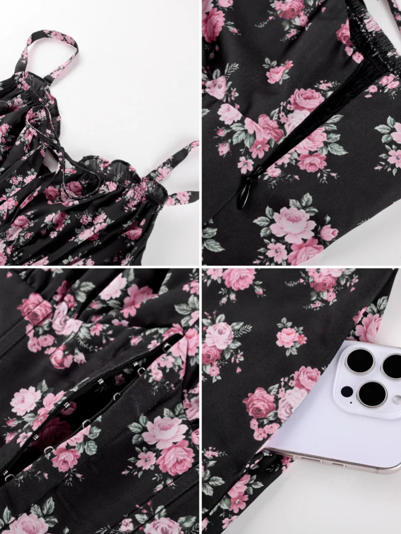 Victorian Floral Spring Corset Dress with Pockets