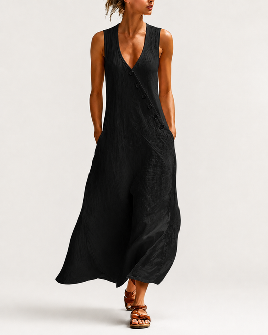 Esperanza-Vestido largo de algodón y lino con bolsillos y corte elegante