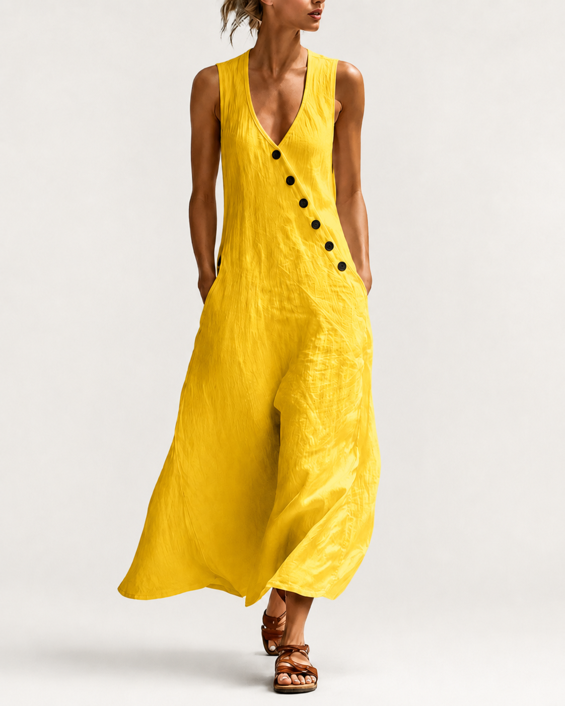 Esperanza-Vestido largo de algodón y lino con bolsillos y corte elegante
