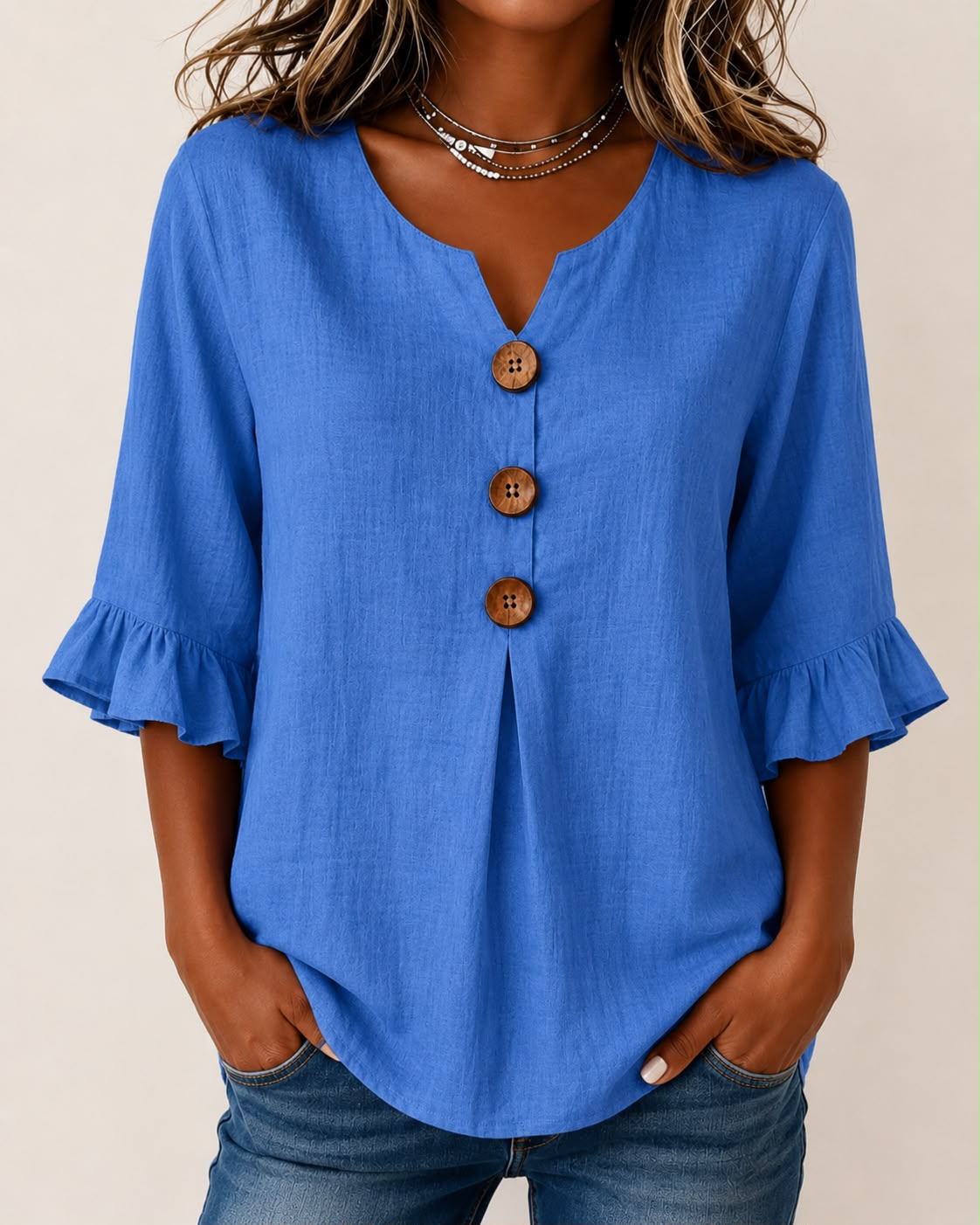 MARIA TERESA-Blusa de algodón y lino en color liso, con botones de madera y volantes