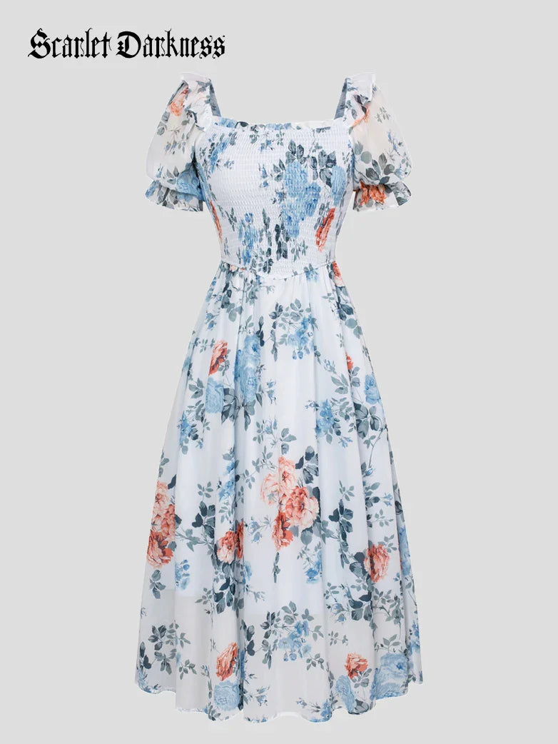 Bridgeton Puff sleeves Chiffon Pleated Pocket Dress