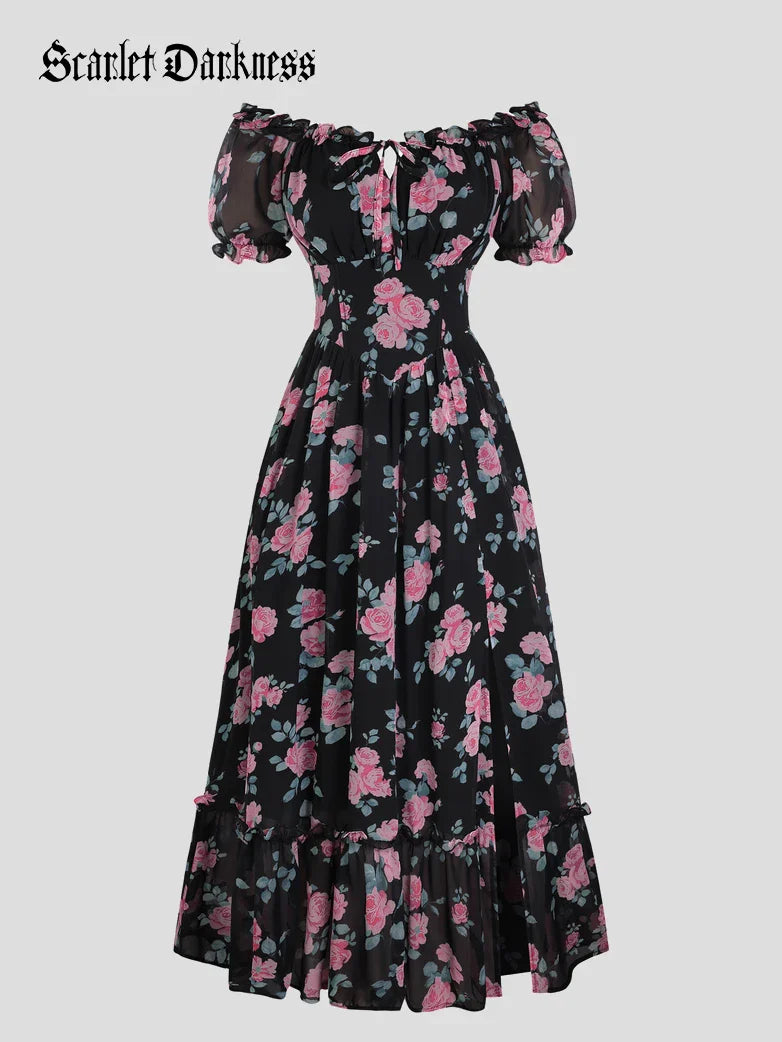 Victoria Garden Tea Party Floral Chiffon Pockets Dress