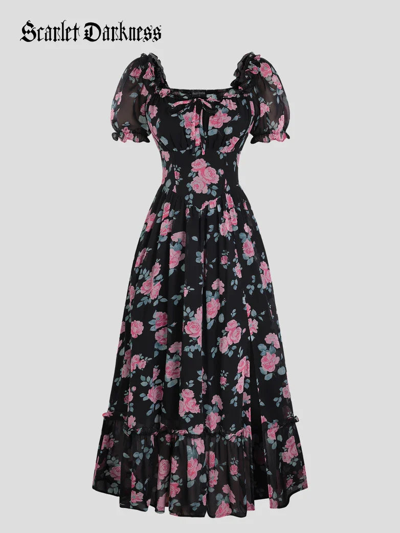 Victoria Garden Tea Party Floral Chiffon Pockets Dress