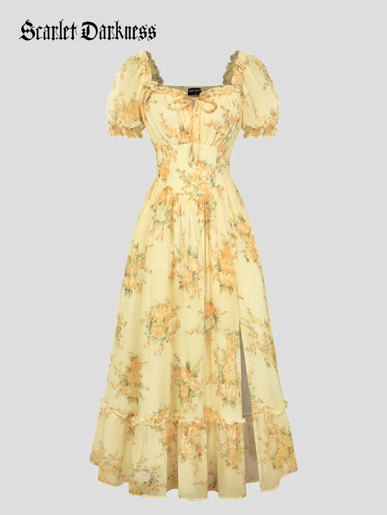Victoria Garden Tea Party Floral Chiffon Pockets Dress