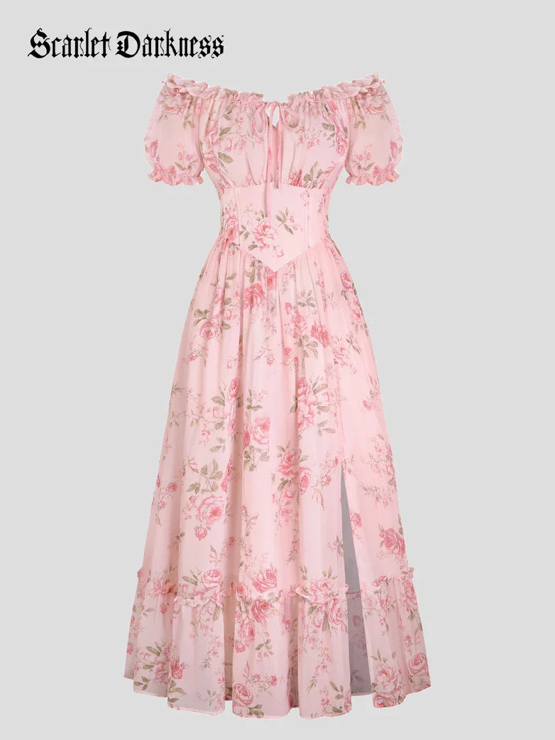 Victoria Garden Tea Party Floral Chiffon Pockets Dress