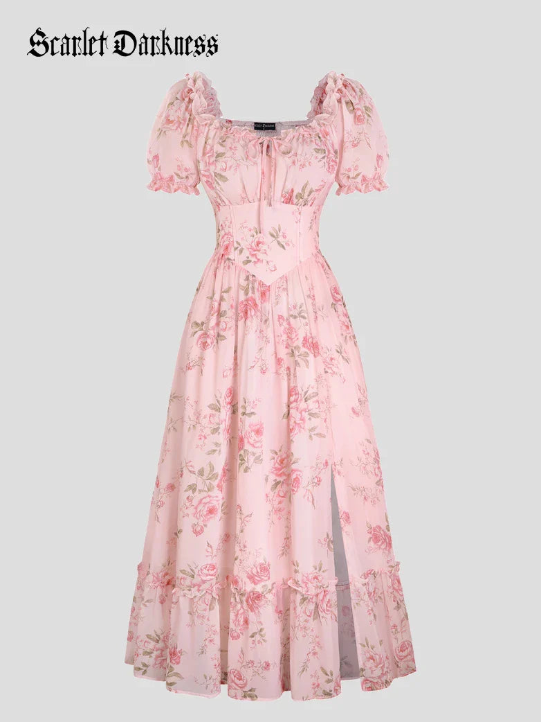 Victoria Garden Tea Party Floral Chiffon Pockets Dress