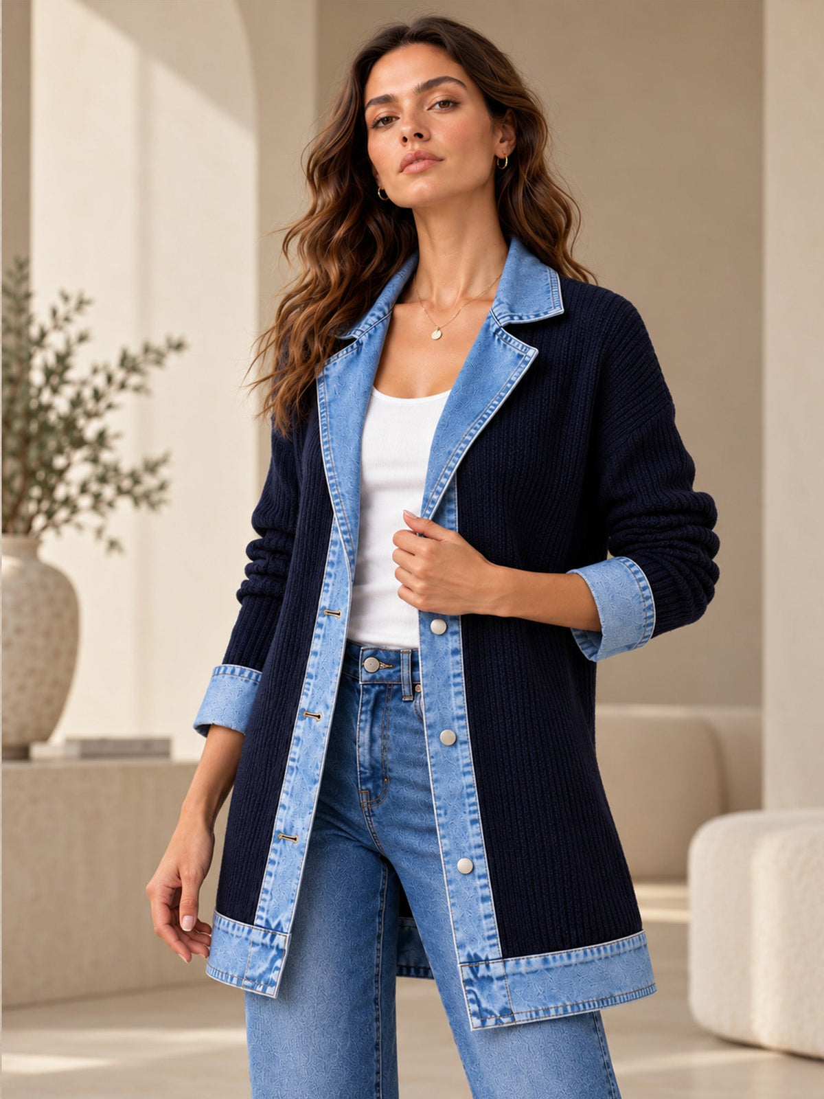 ¡50 % DE DESCUENTO! ⭐Renata| Elegante abrigo vaquero para mujer con inserto de punto acanalado