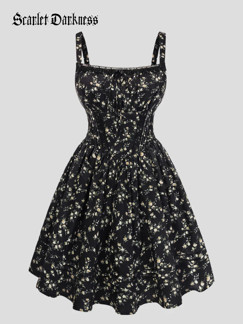 Victorian Puffy Corset Dress Sundress with Pockets
