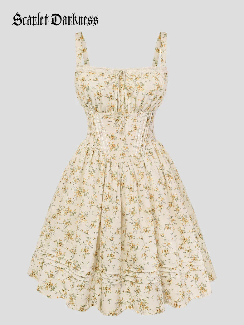 Victorian Puffy Corset Dress Sundress with Pockets