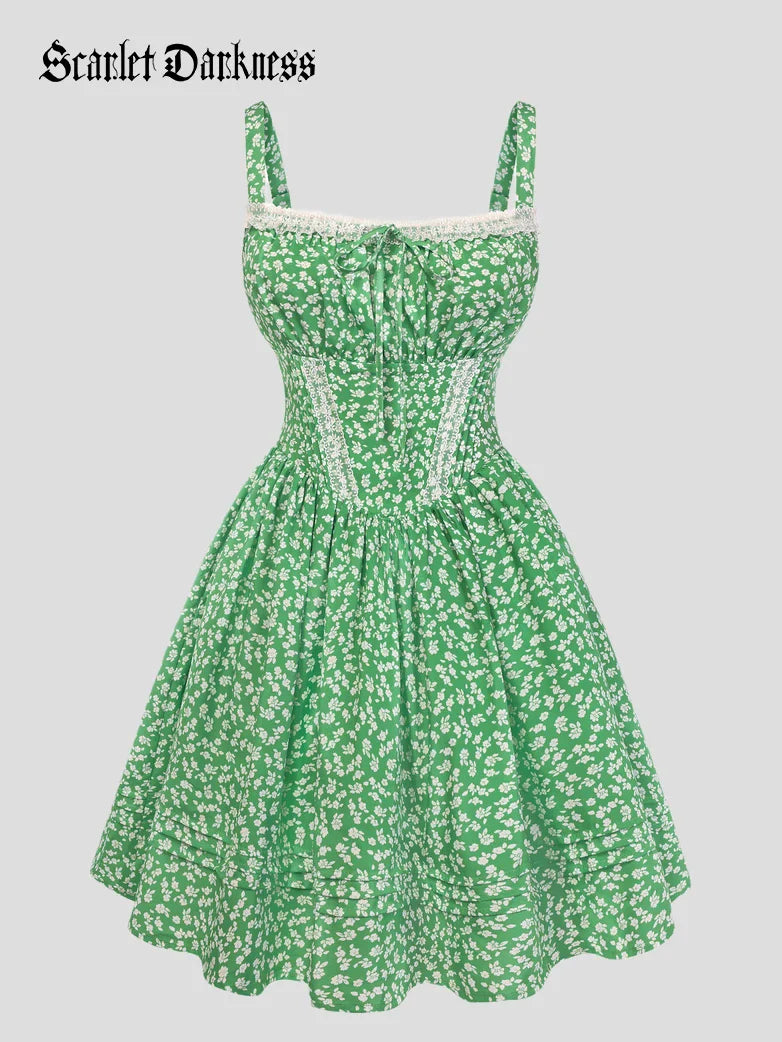 Victorian Puffy Corset Dress Sundress with Pockets