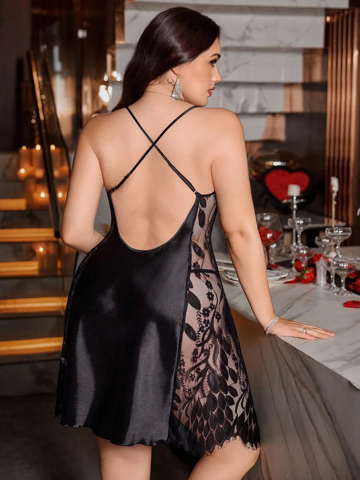 Camisón de encaje sexy de tallas grandes para mujer, minifalda de satén elegante, apto para todas las estaciones