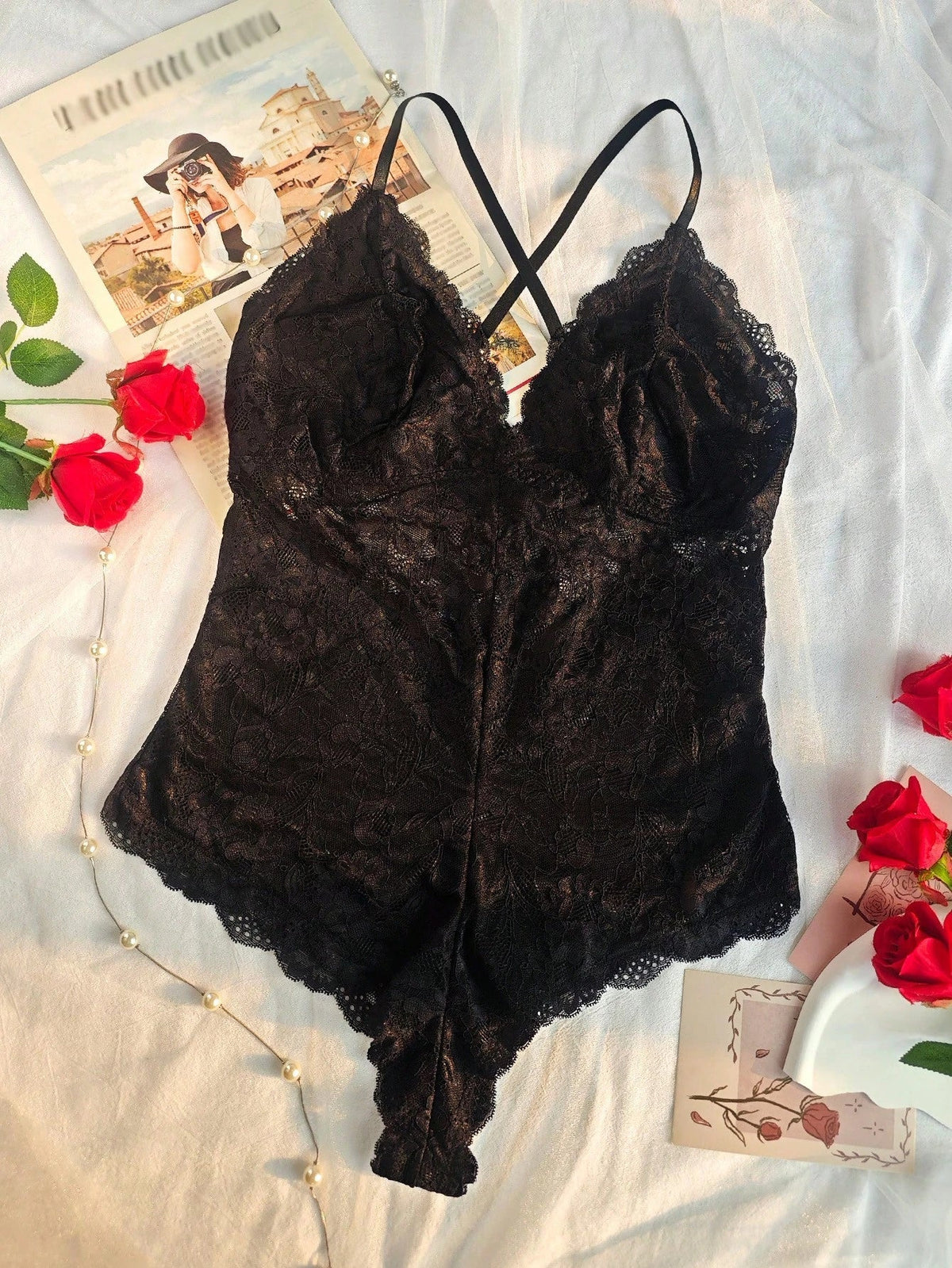 Mono sexy sin varillas, con escote en V profundo y corte sensual, de encaje, para mujer de tallas grandes