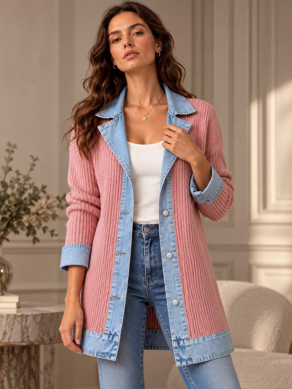 ¡50 % DE DESCUENTO! ⭐Renata| Elegante abrigo vaquero para mujer con inserto de punto acanalado