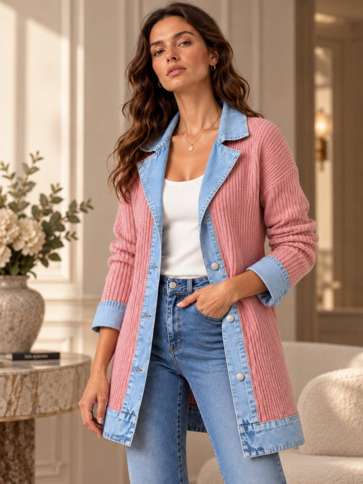 ¡50 % DE DESCUENTO! ⭐Renata| Elegante abrigo vaquero para mujer con inserto de punto acanalado