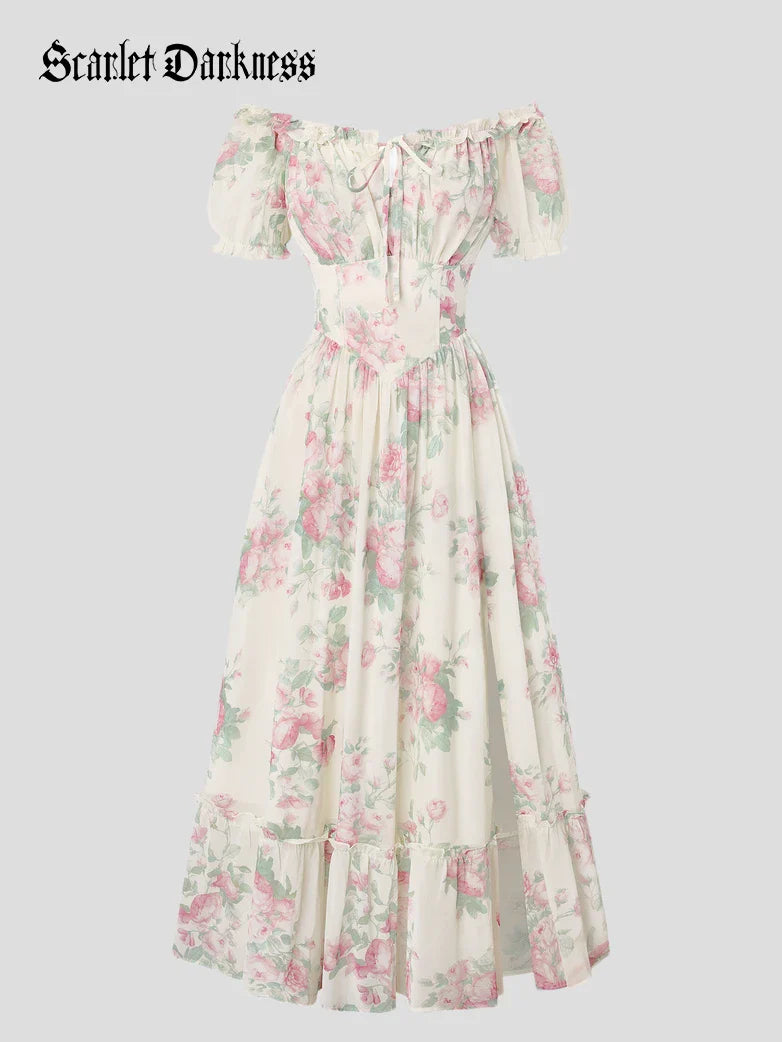 Victoria Garden Tea Party Floral Chiffon Pockets Dress