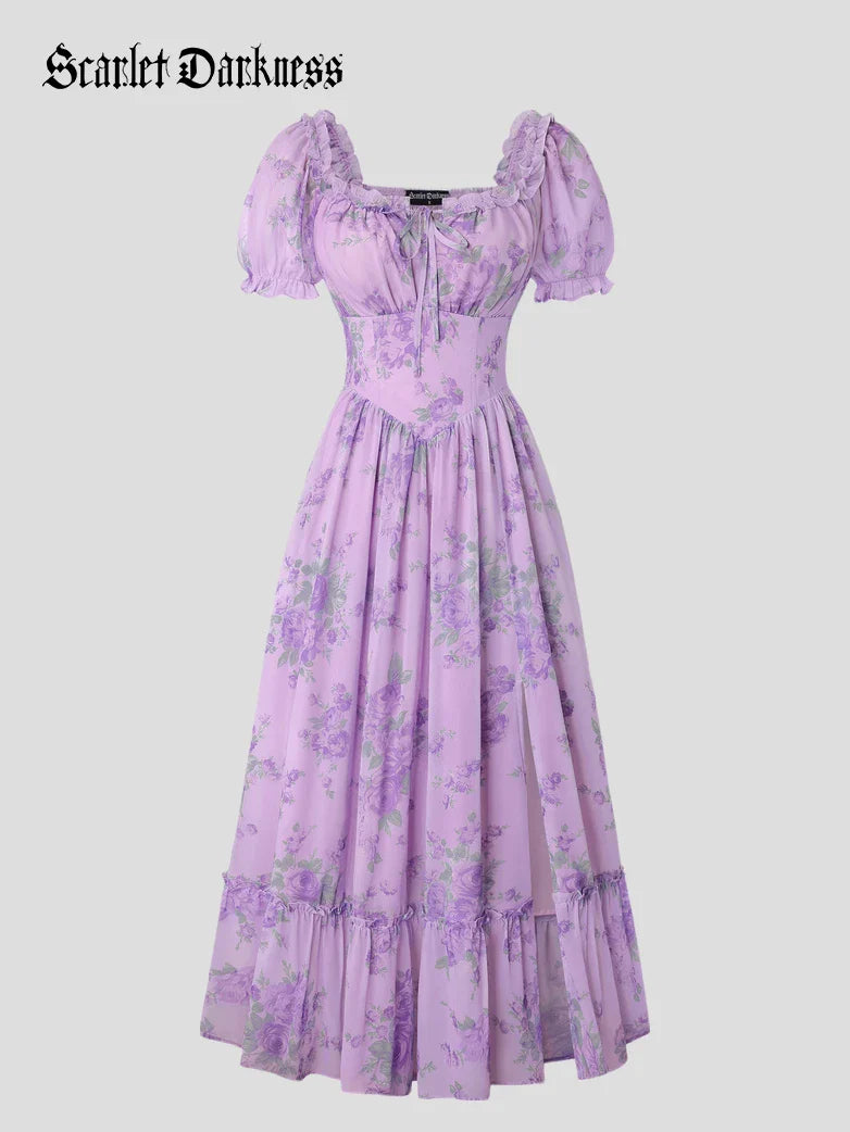 Victoria Garden Tea Party Floral Chiffon Pockets Dress