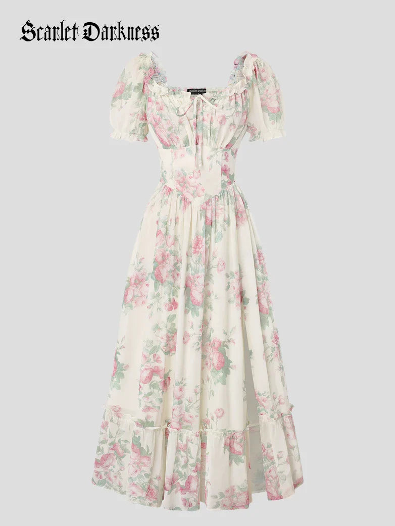 Victoria Garden Tea Party Floral Chiffon Pockets Dress