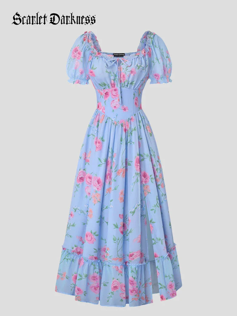 Victoria Garden Tea Party Floral Chiffon Pockets Dress