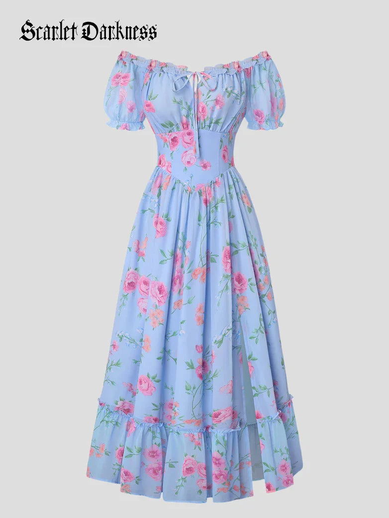 Victoria Garden Tea Party Floral Chiffon Pockets Dress