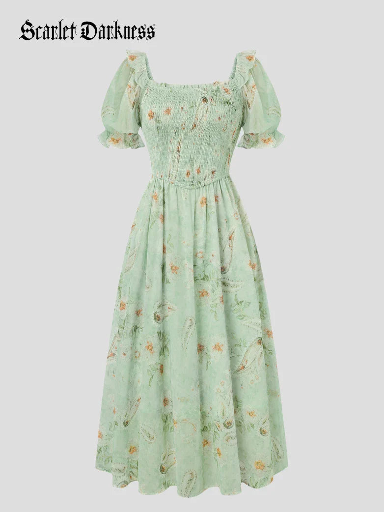 Bridgeton Puff sleeves Chiffon Pleated Pocket Dress