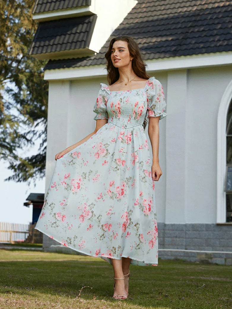 Bridgeton Puff sleeves Chiffon Pleated Pocket Dress