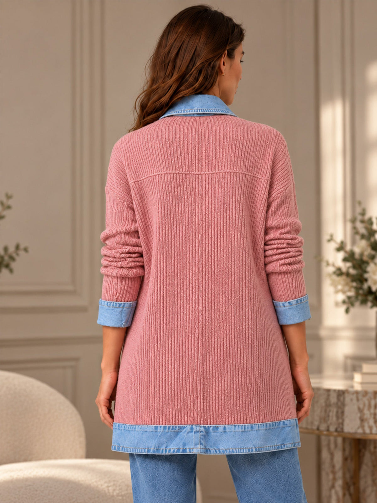 ¡50 % DE DESCUENTO! ⭐Renata| Elegante abrigo vaquero para mujer con inserto de punto acanalado