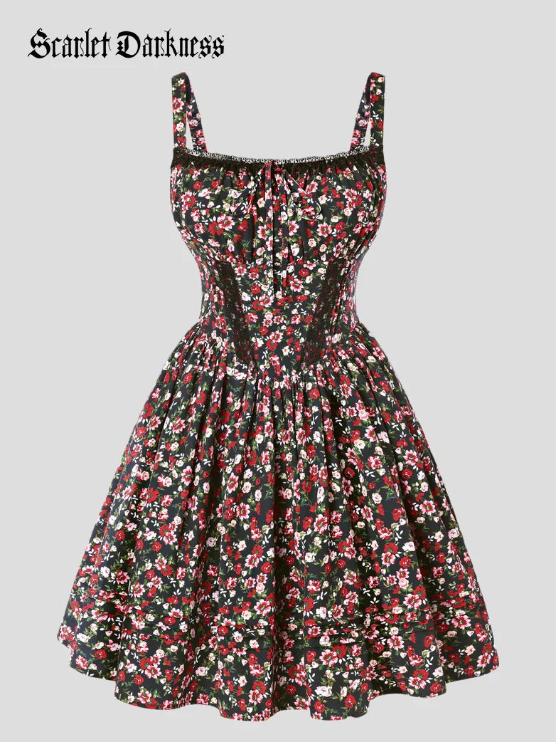 Victorian Puffy Corset Dress Sundress with Pockets