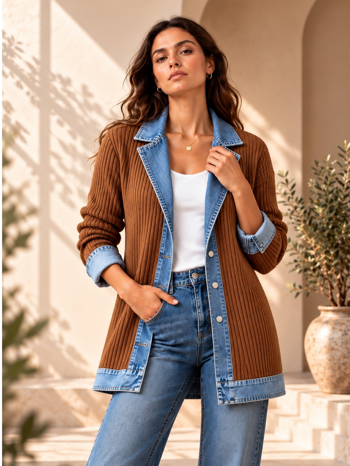 ¡50 % DE DESCUENTO! ⭐Renata| Elegante abrigo vaquero para mujer con inserto de punto acanalado