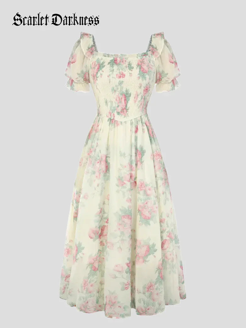 Bridgeton Puff sleeves Chiffon Pleated Pocket Dress