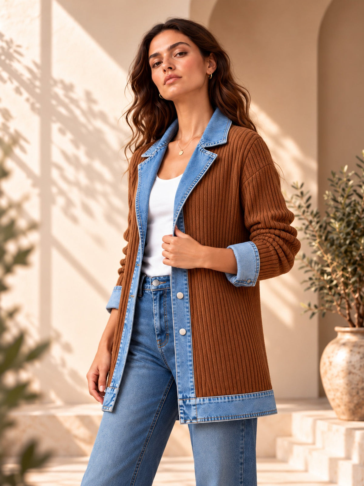 ¡50 % DE DESCUENTO! ⭐Renata| Elegante abrigo vaquero para mujer con inserto de punto acanalado