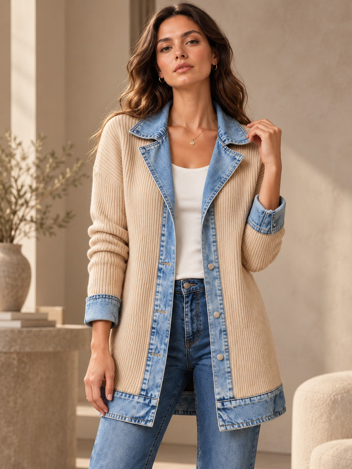 ¡50 % DE DESCUENTO! ⭐Renata| Elegante abrigo vaquero para mujer con inserto de punto acanalado