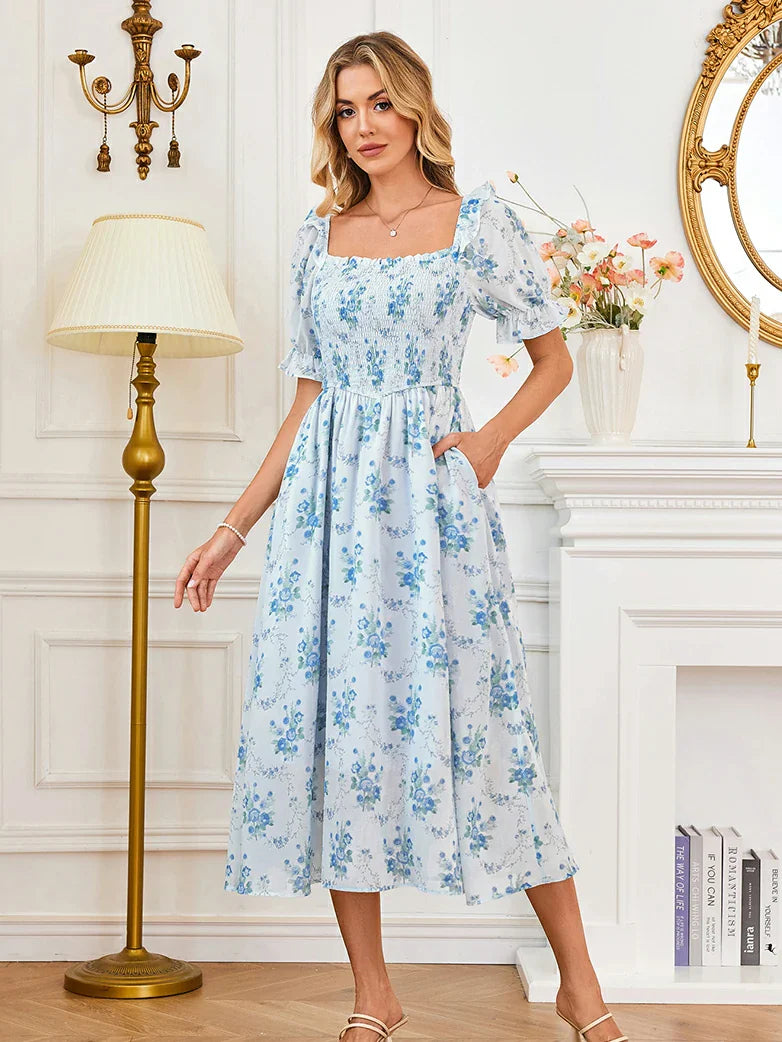 Bridgeton Puff sleeves Chiffon Pleated Pocket Dress