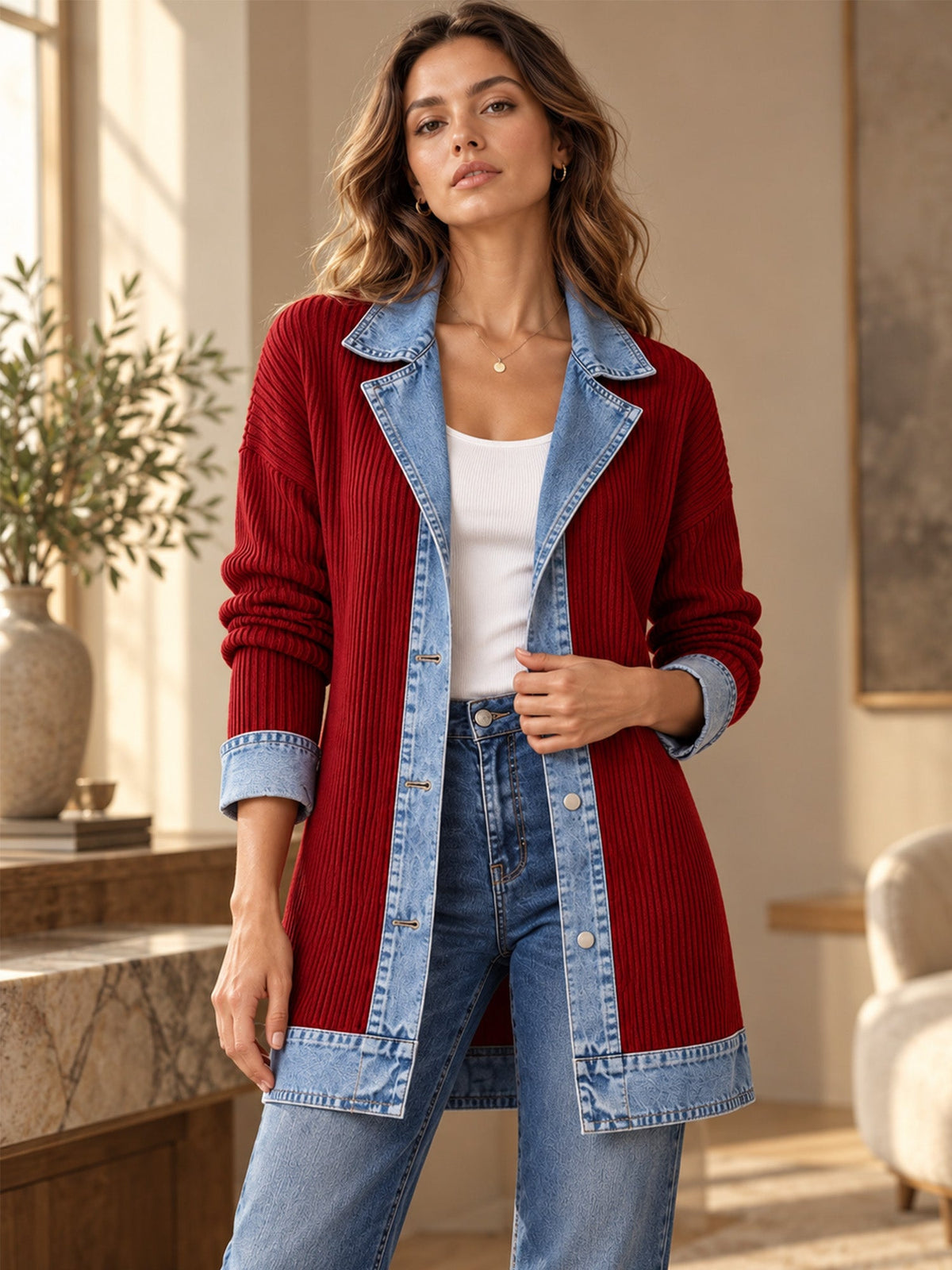 ¡50 % DE DESCUENTO! ⭐Renata| Elegante abrigo vaquero para mujer con inserto de punto acanalado