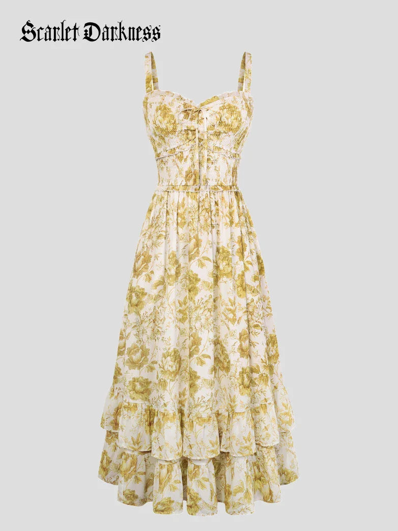 Women Renaissance Chiffon Pleated Pockets Dress