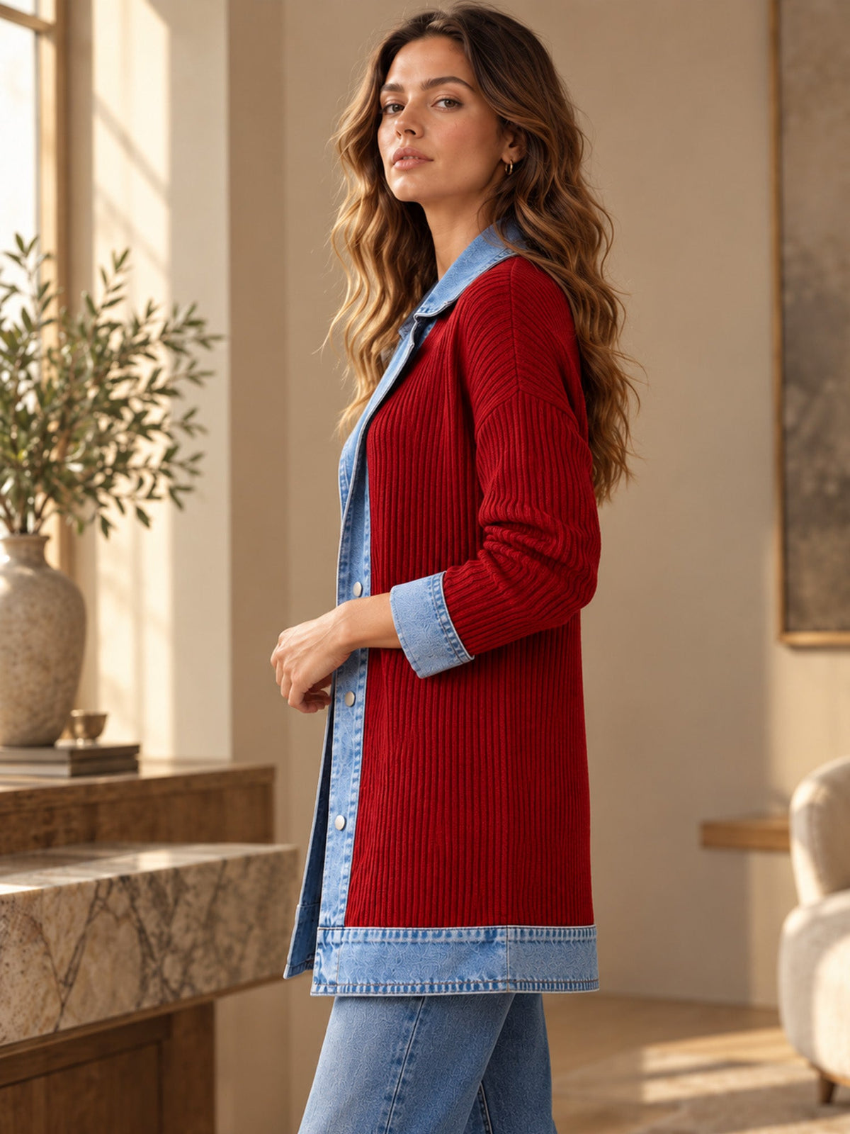 ¡50 % DE DESCUENTO! ⭐Renata| Elegante abrigo vaquero para mujer con inserto de punto acanalado