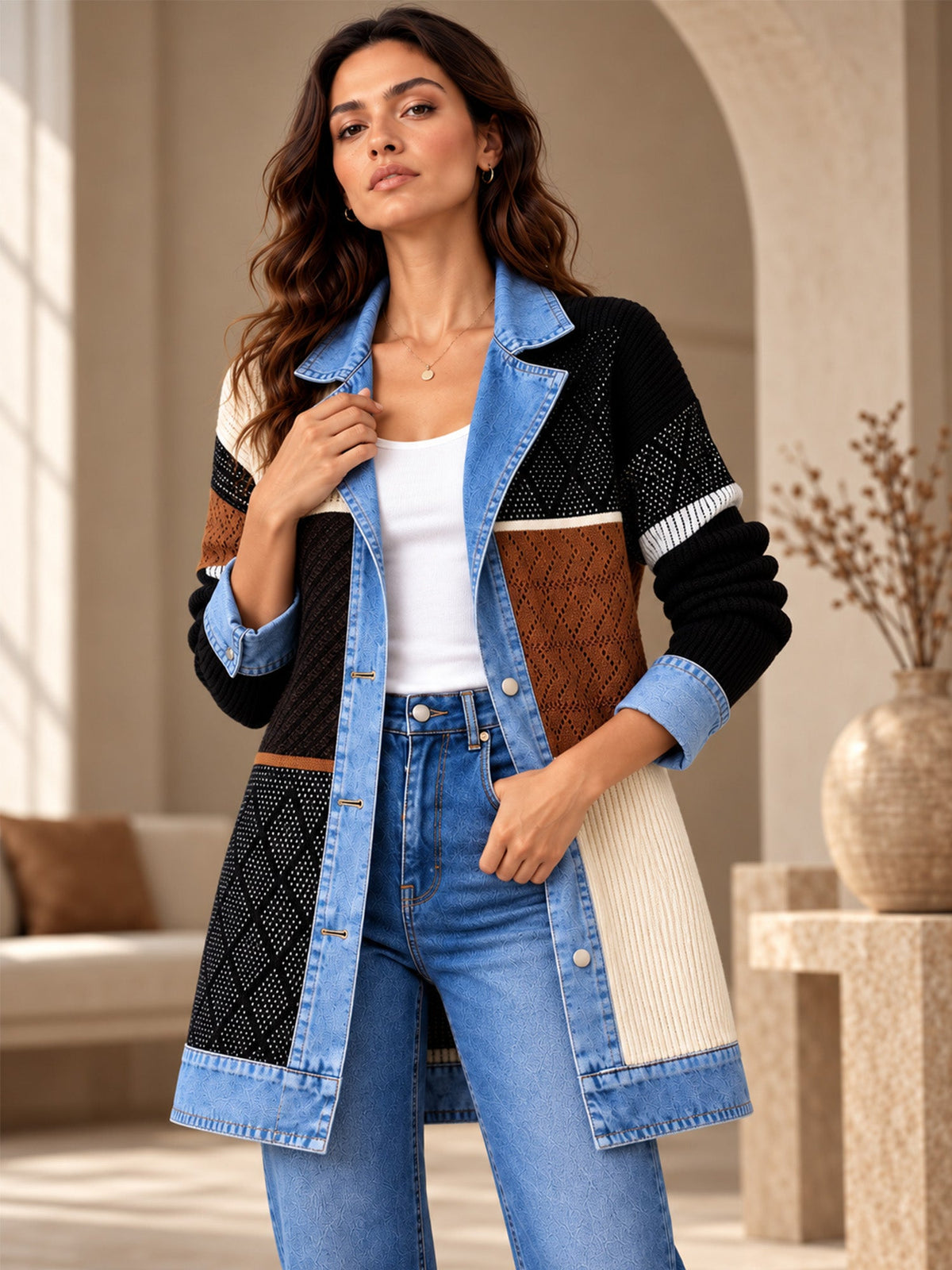 ¡50 % DE DESCUENTO! ⭐Renata| Elegante abrigo vaquero para mujer con inserto de punto acanalado