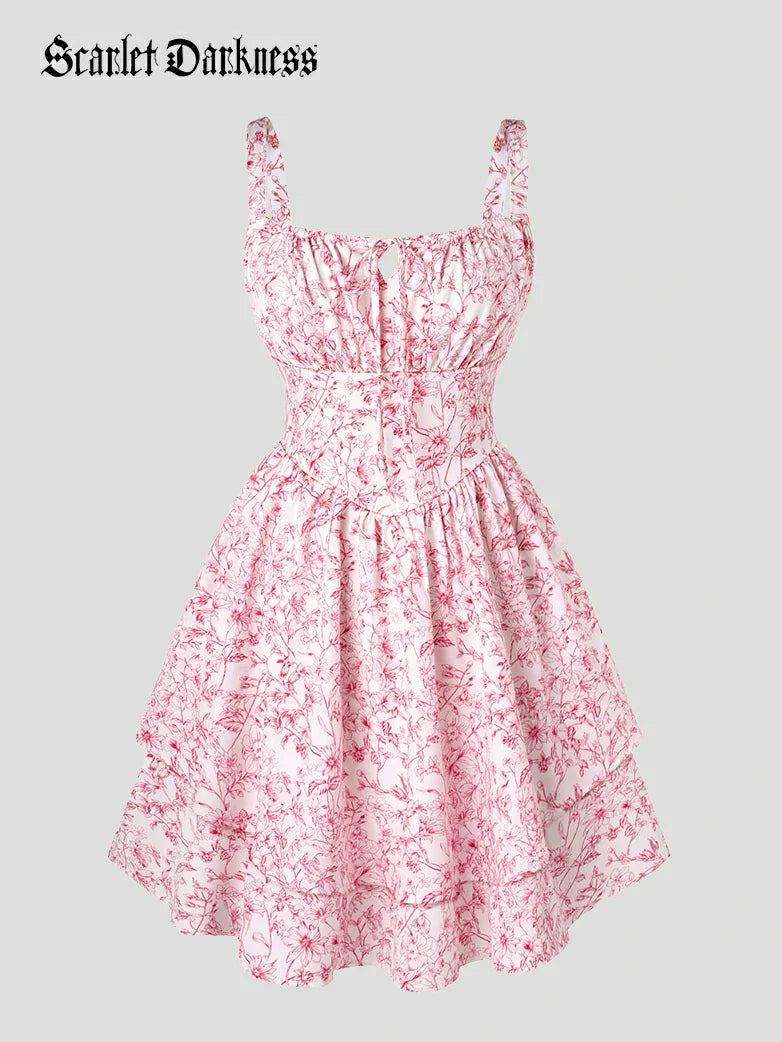Women Summer Floral Puffy Corset Dress