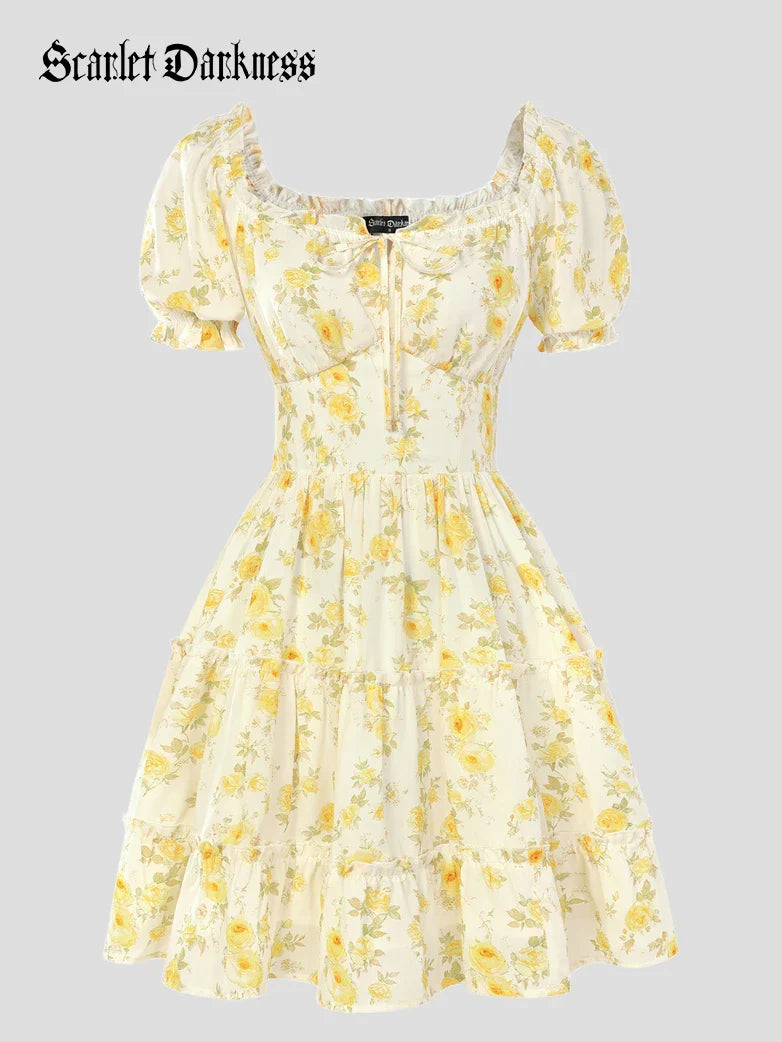 Victorian Summer Floral Pockets Dresses for Women