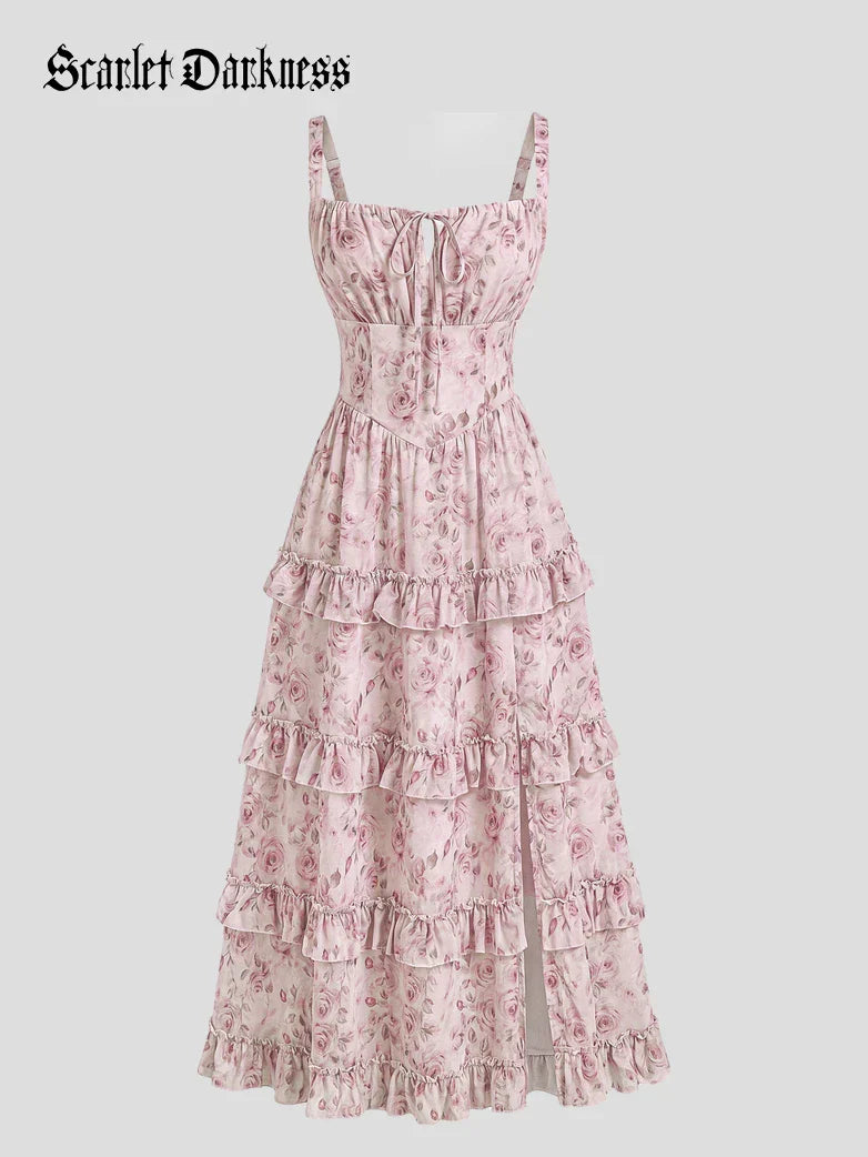 Valentine's Day Floral Summer Front Slit Pocket Dress