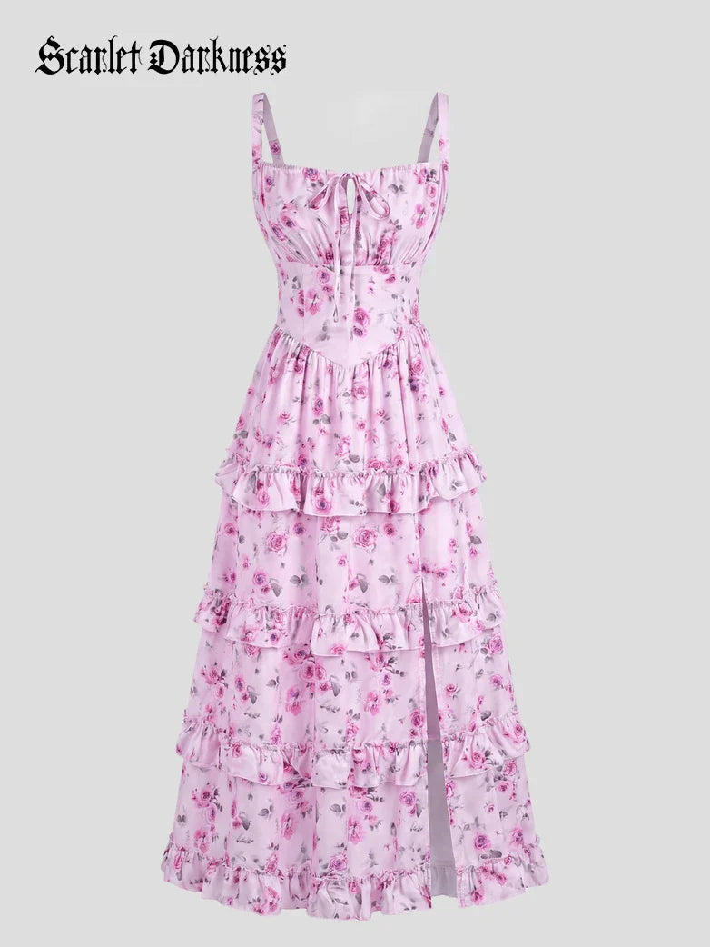 Valentine's Day Floral Summer Front Slit Pocket Dress