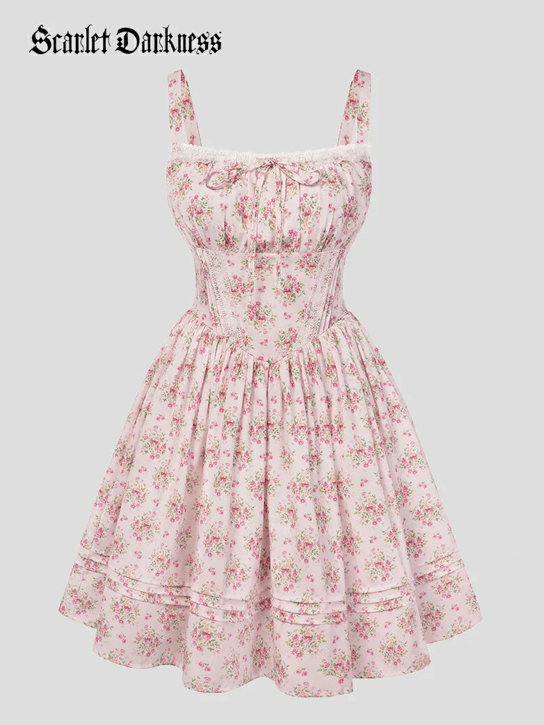 Victorian Puffy Corset Dress Sundress with Pockets