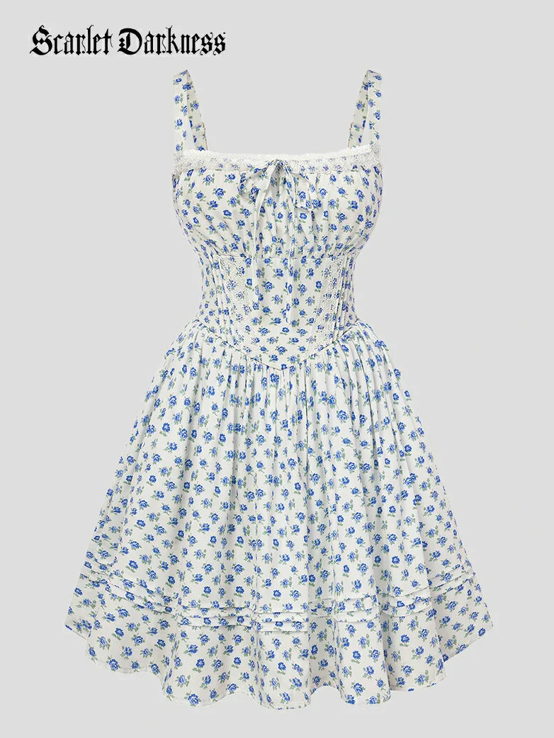 Victorian Puffy Corset Dress Sundress with Pockets