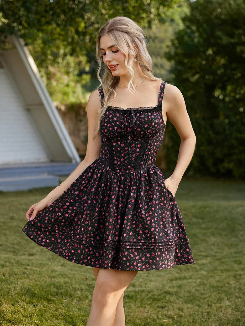 Victorian Puffy Corset Dress Sundress with Pockets