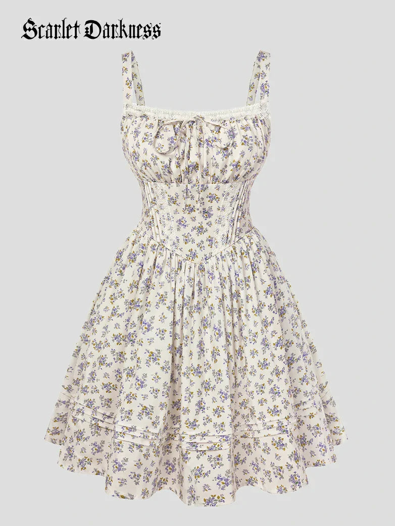 Victorian Puffy Corset Dress Sundress with Pockets