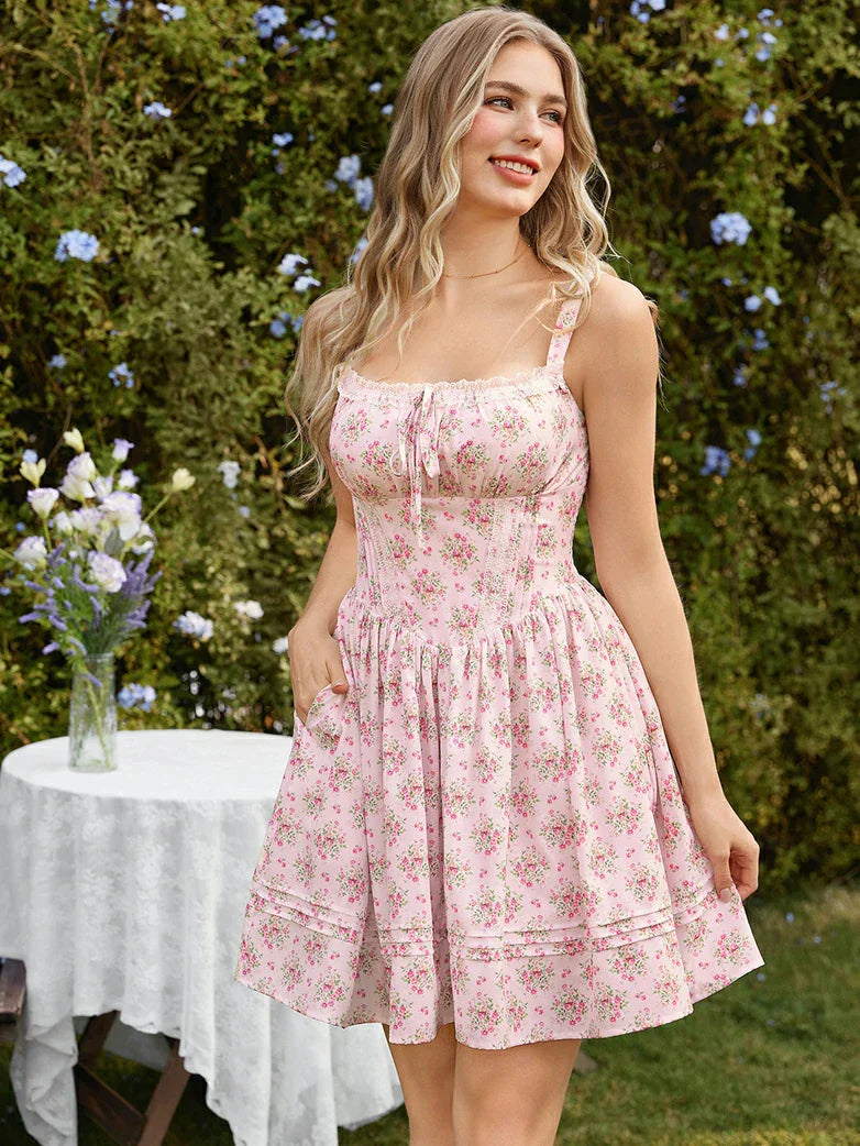 Victorian Puffy Corset Dress Sundress with Pockets
