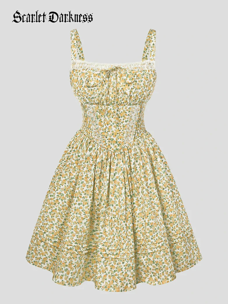 Victorian Puffy Corset Dress Sundress with Pockets