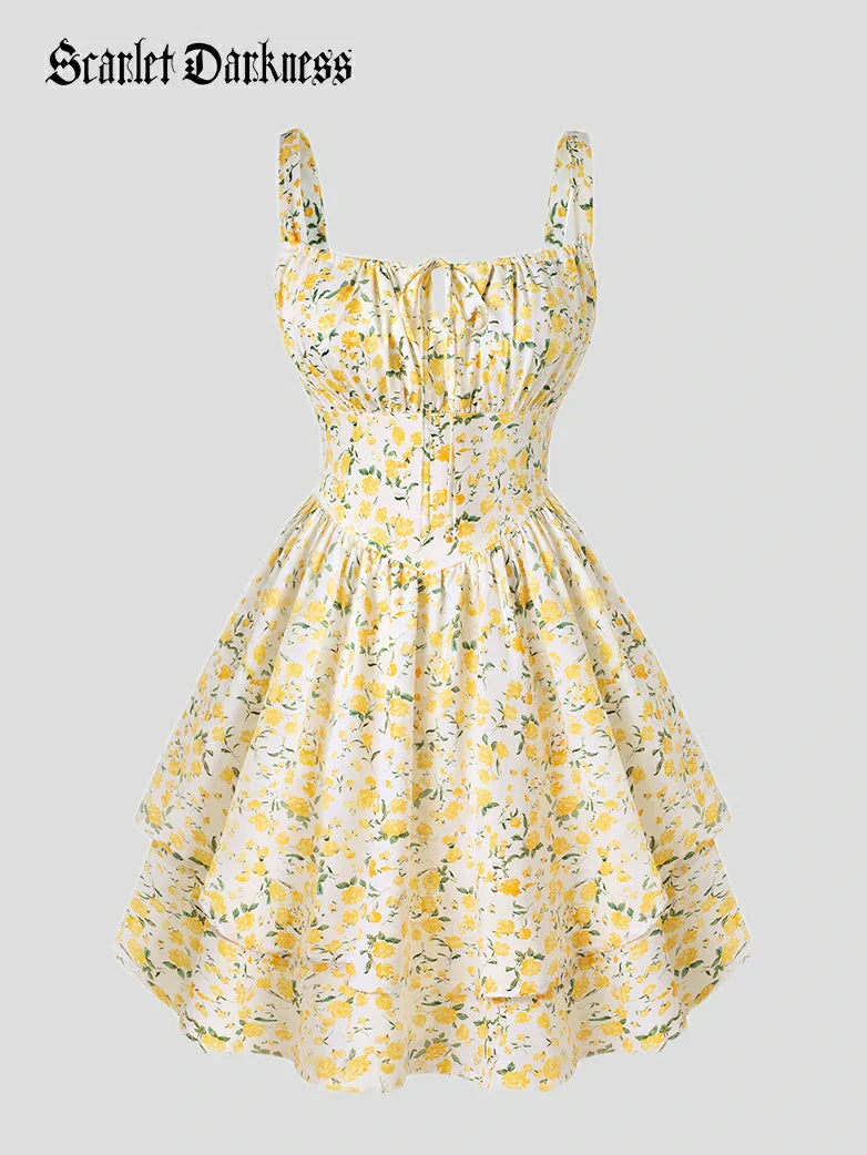 Women Summer Floral Puffy Corset Dress