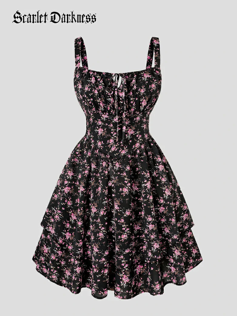 Women Summer Floral Puffy Corset Dress